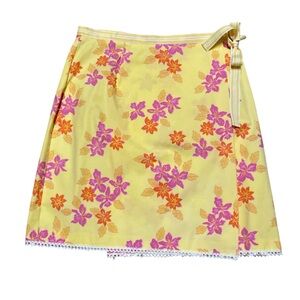Y2K Samantha Knee Length Wrap Skirt Women’s 10 Petite Yellow Pink Floral Casual